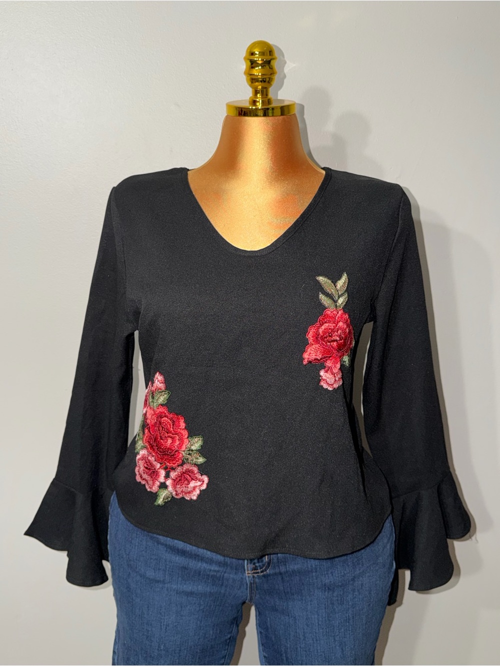 & Other Stories Black V-Neck Top with Red Rose Embroidery